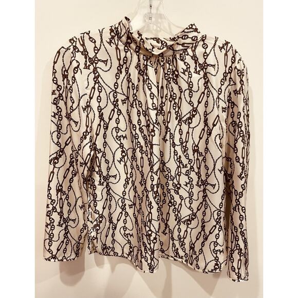 Max Mara Silky Blouse Cream & Black Ropes Print Top, High Collar -Size Small - Picture 1 of 11